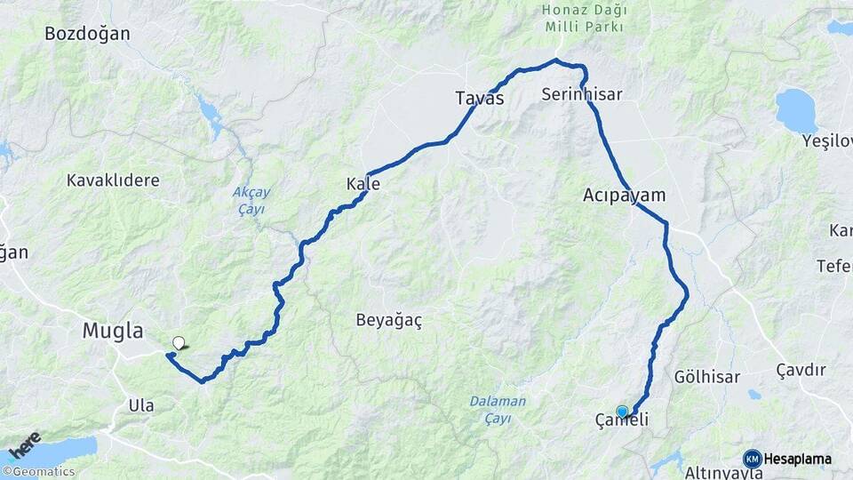 Denizli Çameli Muğla Arası Kaç Km - Yol Haritası