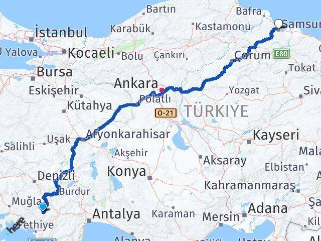 Denizli Çameli Samsun Arası Kaç Km - Yol Haritası