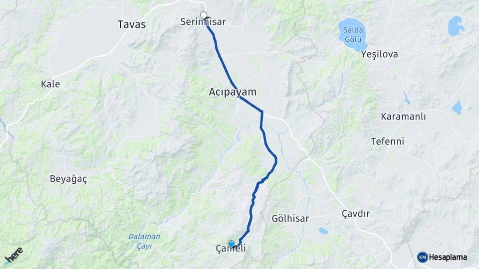 Denizli Çameli Serinhisar Arası Kaç Km - Yol Haritası