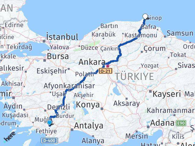 Denizli Çameli Sinop Arası Kaç Km - Yol Haritası