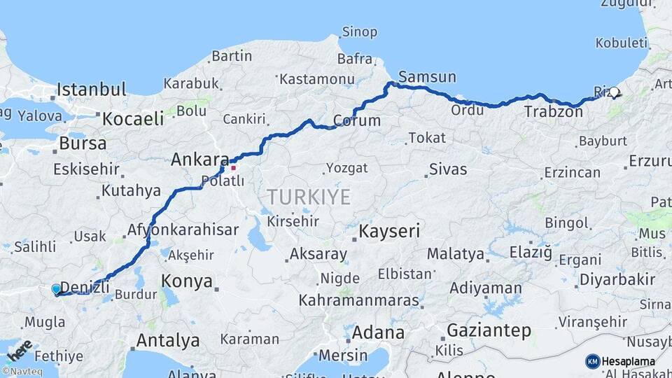 Denizli Çamlıhemşin Rize Arası Kaç Km - Yol Haritası