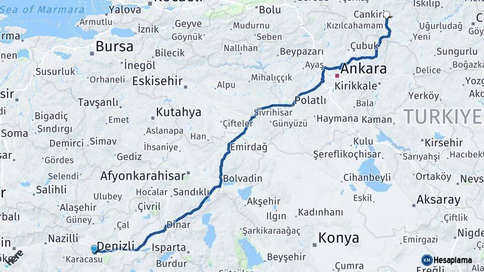 Denizli Çankırı Arası Kaç Km - Yol Haritası