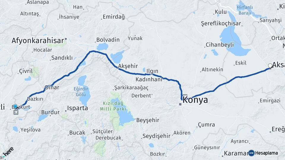Denizli Çardak Aksaray Arası Kaç Km - Yol Haritası