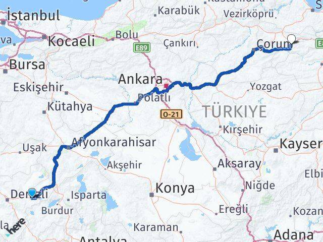Denizli Çardak Amasya Arası Kaç Km - Yol Haritası