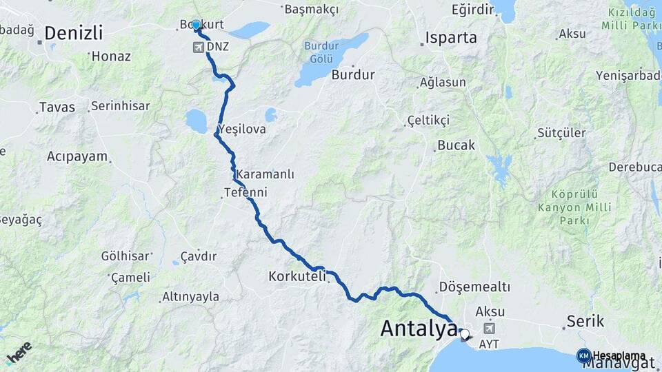 Denizli Çardak Antalya Arası Kaç Km - Yol Haritası