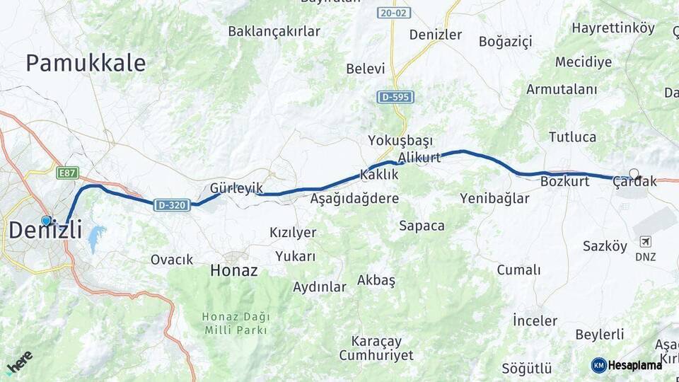 Denizli Çardak Arası Kaç Km - Yol Haritası