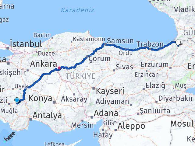 Denizli Çardak Artvin Arası Kaç Km - Yol Haritası