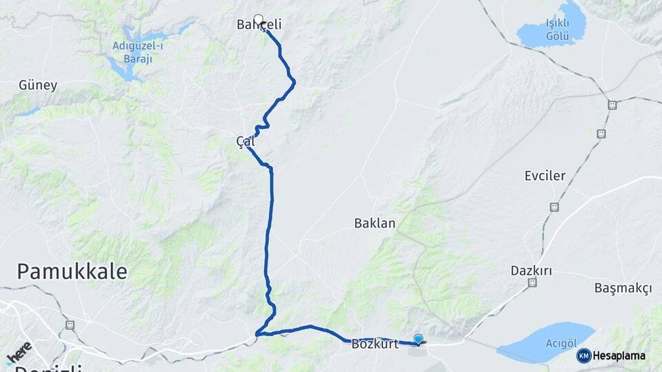 Denizli Çardak Bekilli Arası Kaç Km - Yol Haritası