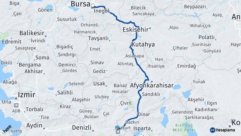Denizli Çardak Bursa Arası Kaç Km - Yol Haritası
