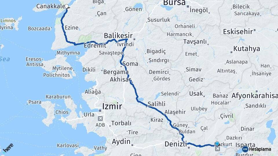 Denizli Çardak Çanakkale Arası Kaç Km - Yol Haritası