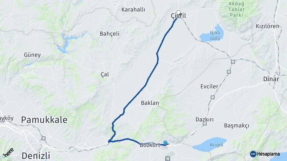 Denizli Çardak Çivril Arası Kaç Km - Yol Haritası