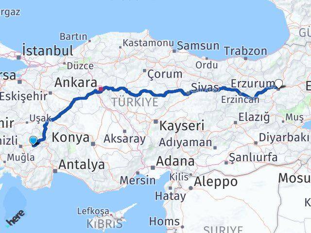 Denizli Çardak Erzurum Arası Kaç Km - Yol Haritası
