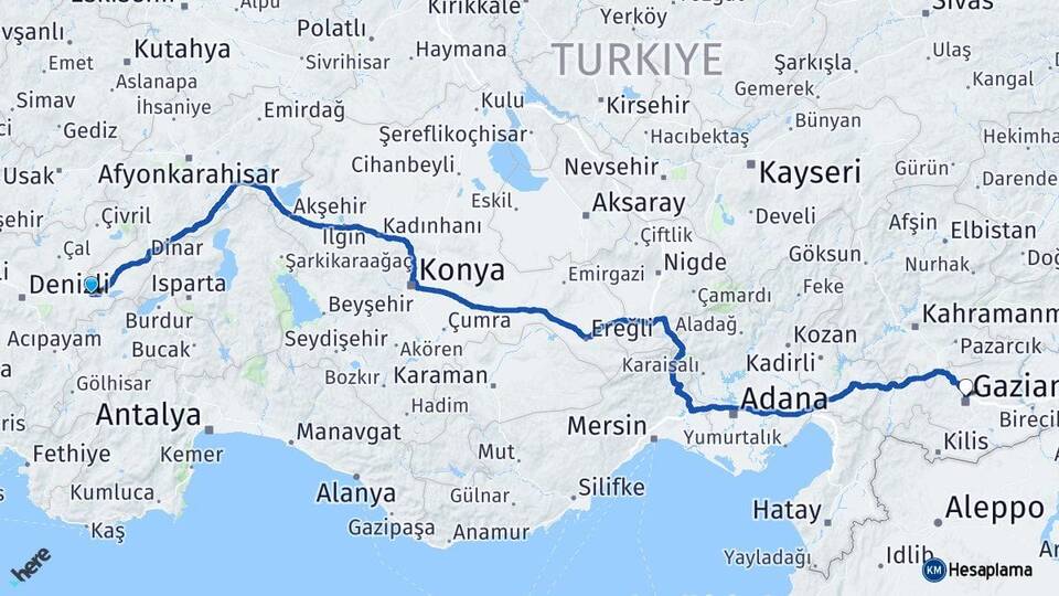 Denizli Çardak Gaziantep Arası Kaç Km - Yol Haritası