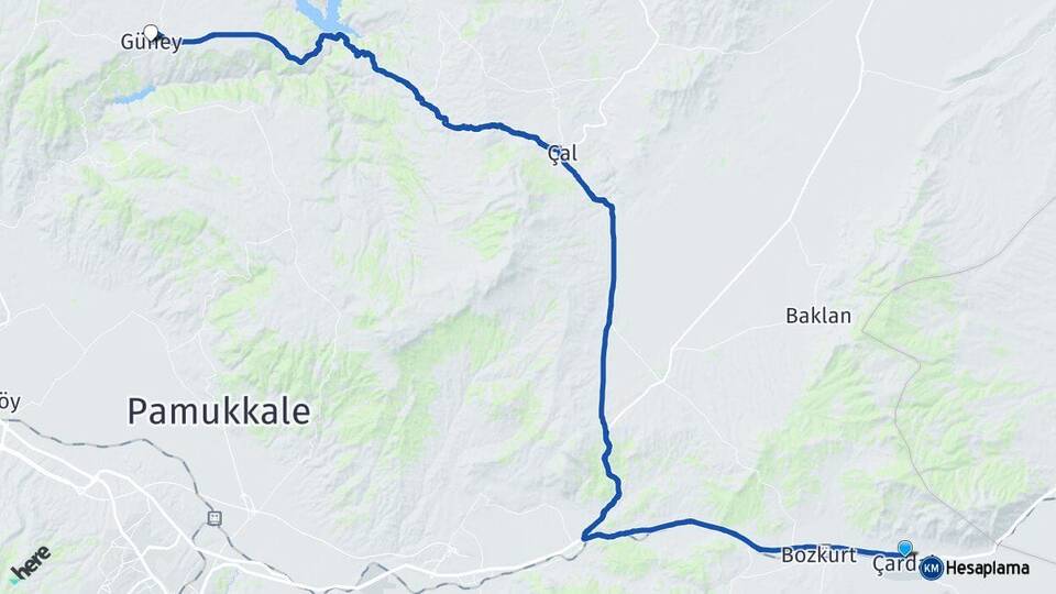 Denizli Çardak Güney Arası Kaç Km - Yol Haritası