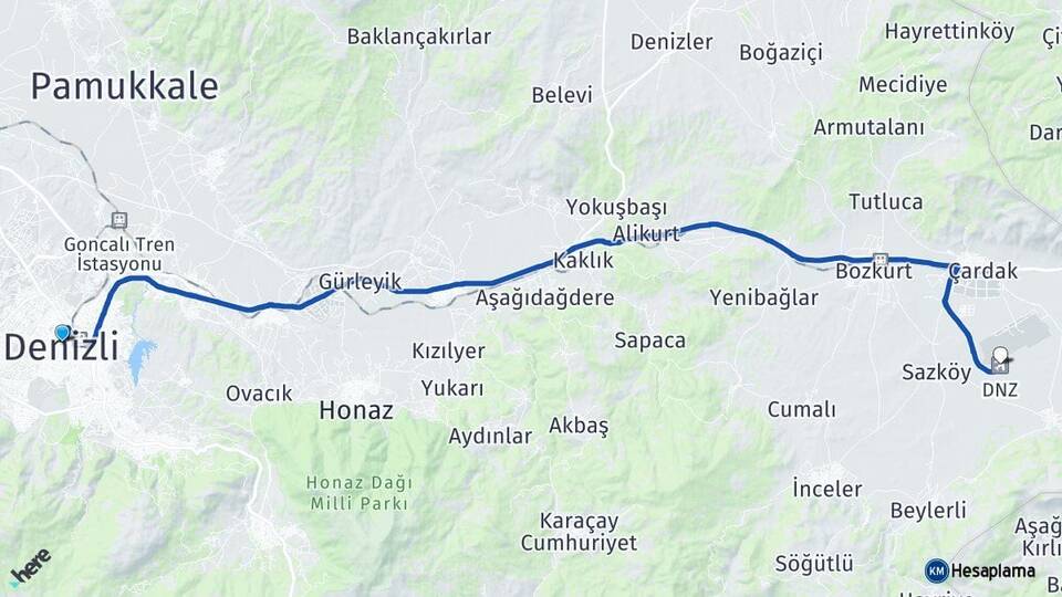 Denizli Çardak Havalimanı Arası Kaç Km - Yol Haritası