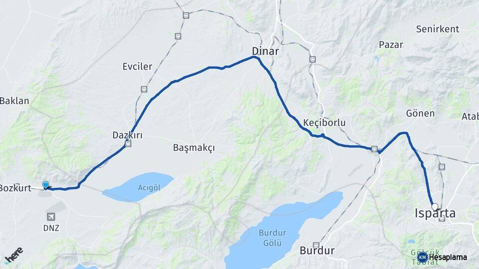 Denizli Çardak Isparta Arası Kaç Km - Yol Haritası