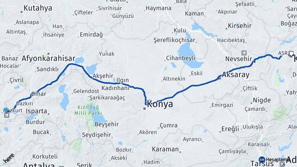 Denizli Çardak Kayseri Arası Kaç Km - Yol Haritası