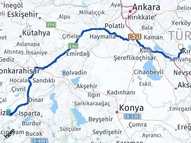 Denizli Çardak Kırşehir Arası Kaç Km - Yol Haritası