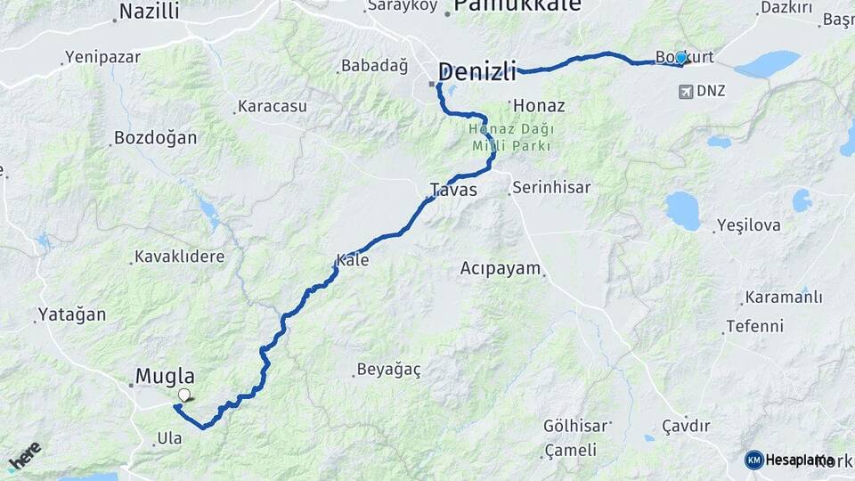 Denizli Çardak Muğla Arası Kaç Km - Yol Haritası