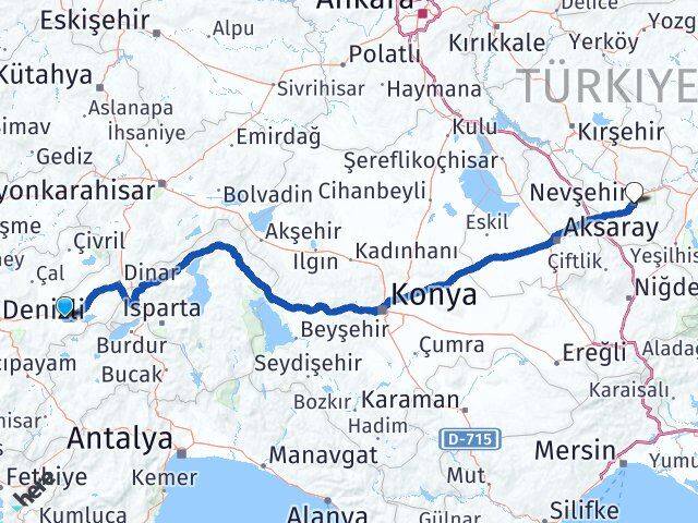 Denizli Çardak Nevşehir Arası Kaç Km - Yol Haritası