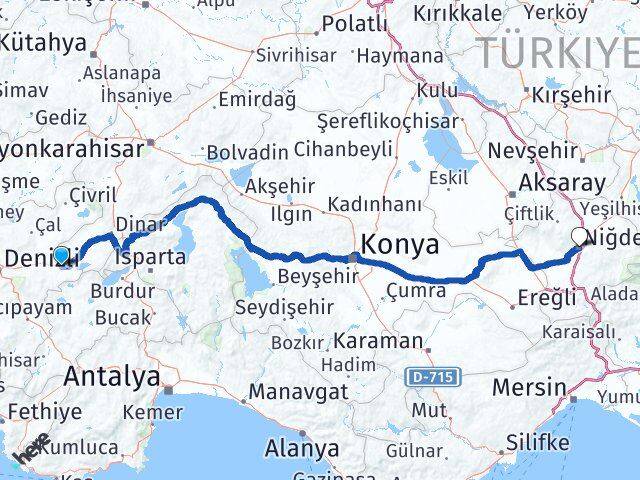 Denizli Çardak Niğde Arası Kaç Km - Yol Haritası
