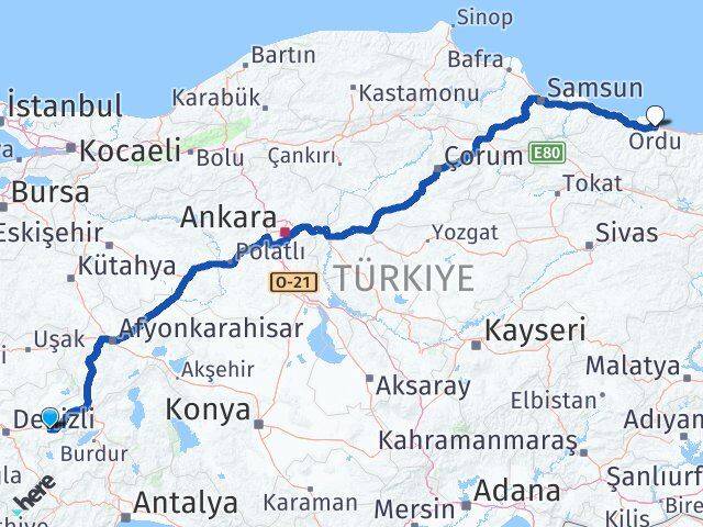 Denizli Çardak Ordu Arası Kaç Km - Yol Haritası