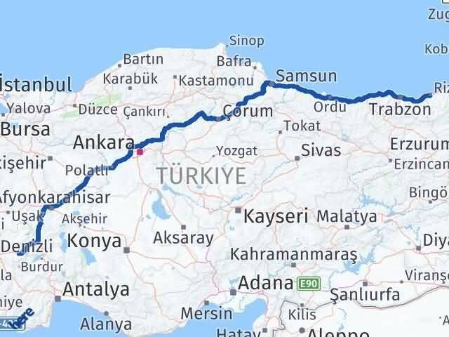 Denizli Çardak Rize Arası Kaç Km - Yol Haritası