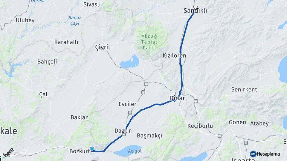 Denizli Çardak Sandıklı Afyonkarahisar Arası Kaç Km - Yol Haritası