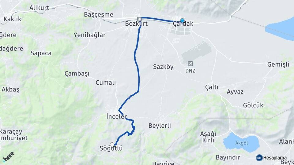 Denizli Çardak Söğütlü Çardak Arası Kaç Km - Yol Haritası