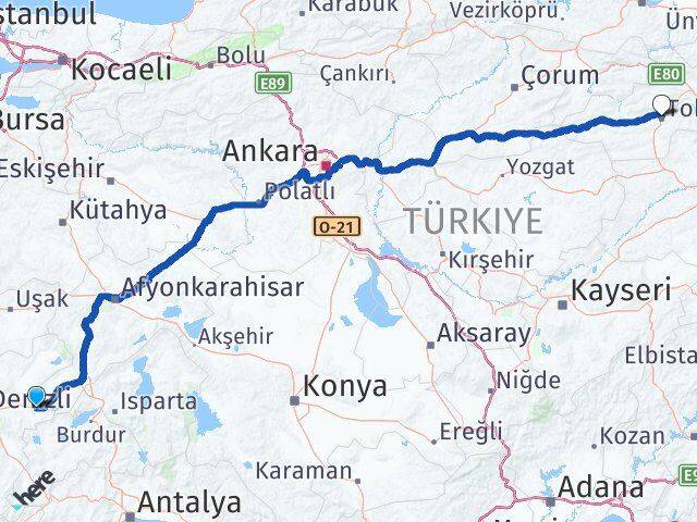 Denizli Çardak Tokat Arası Kaç Km - Yol Haritası