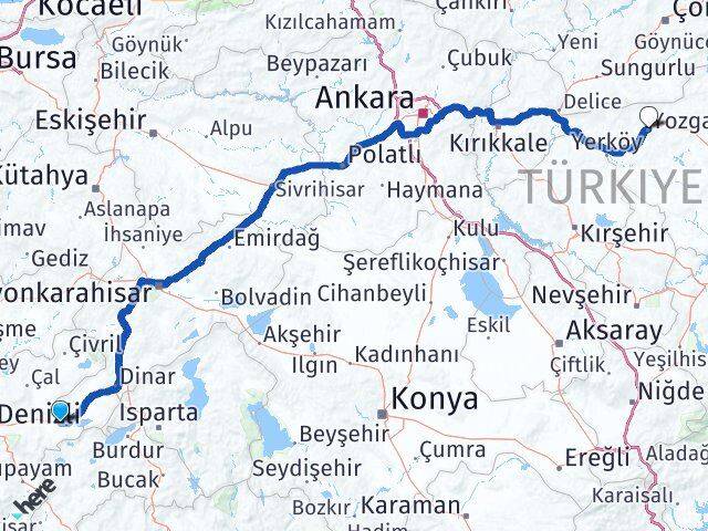 Denizli Çardak Yozgat Arası Kaç Km - Yol Haritası