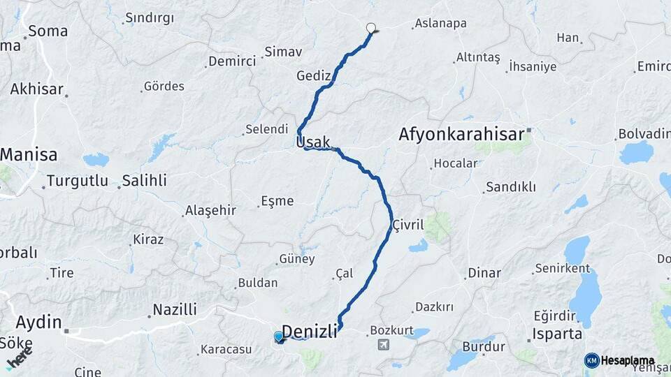Denizli Çavdarhisar Kütahya Arası Kaç Km - Yol Haritası