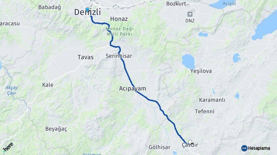 Denizli Çavdır Burdur Arası Kaç Km - Yol Haritası
