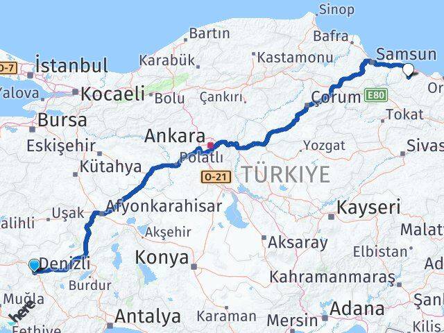 Denizli Çaybaşı Ordu Arası Kaç Km - Yol Haritası