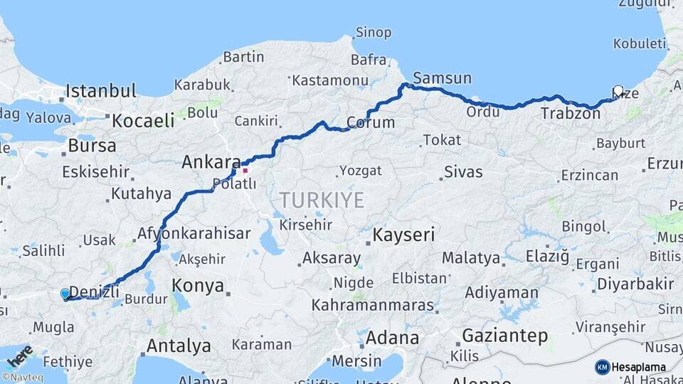 Denizli Çayeli Rize Arası Kaç Km - Yol Haritası
