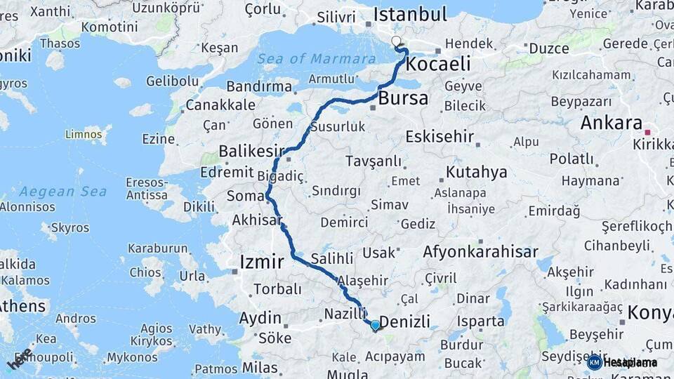 Denizli Çayırova Kocaeli Arası Kaç Km - Yol Haritası