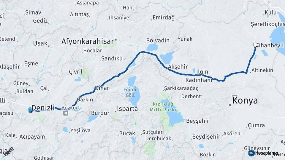 Denizli Cihanbeyli Arası Kaç Km - Yol Tarifi