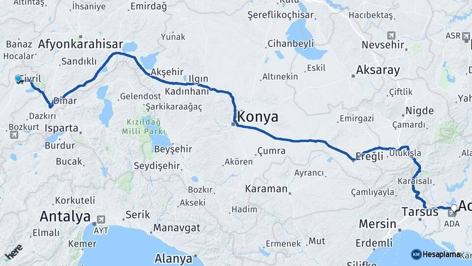 Denizli Çivril Adana Arası Kaç Km - Yol Haritası