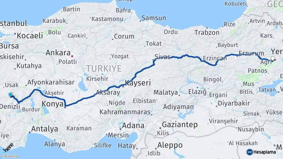 Denizli Çivril Ağrı Arası Kaç Km - Yol Haritası