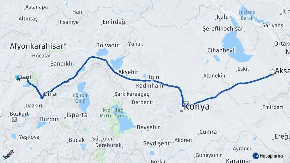 Denizli Çivril Aksaray Arası Kaç Km - Yol Haritası