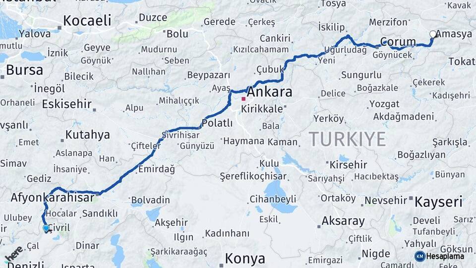 Denizli Çivril Amasya Arası Kaç Km - Yol Haritası