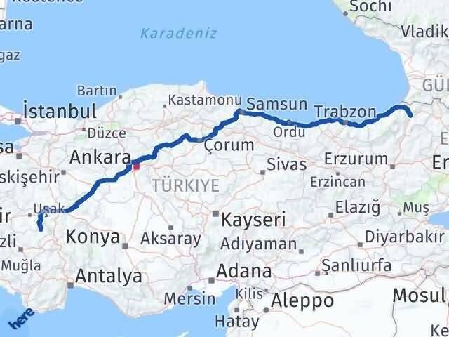 Denizli Çivril Artvin Arası Kaç Km - Yol Haritası