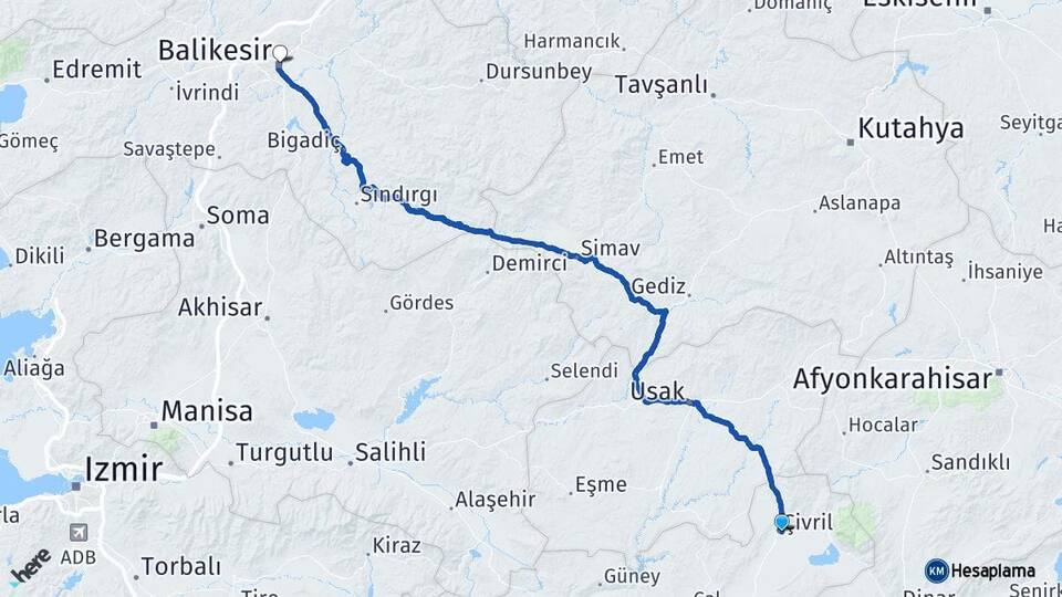 Denizli Çivril Balıkesir Arası Kaç Km - Yol Haritası