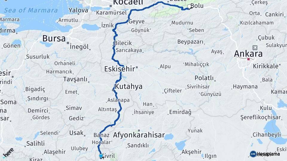 Denizli Çivril Bolu Arası Kaç Km - Yol Haritası