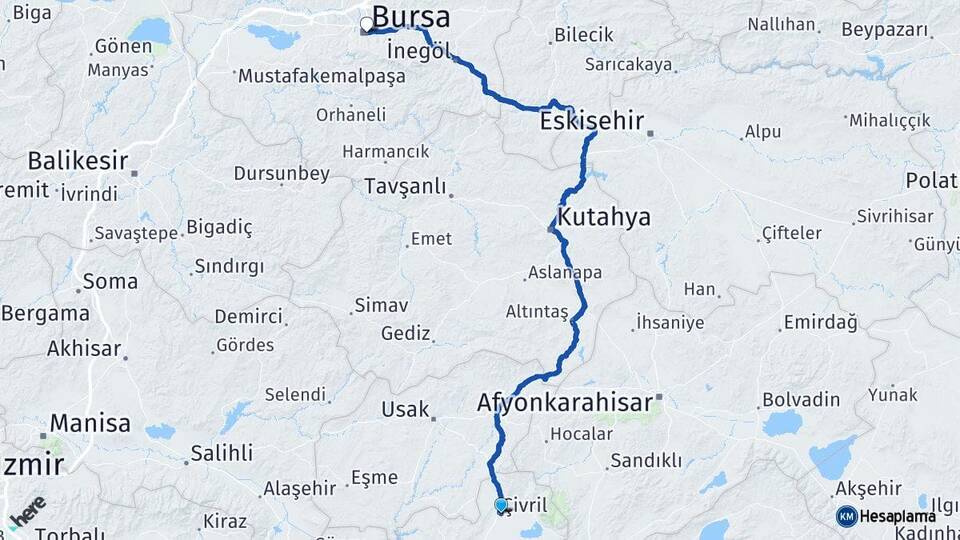 Denizli Çivril Bursa Arası Kaç Km - Yol Haritası