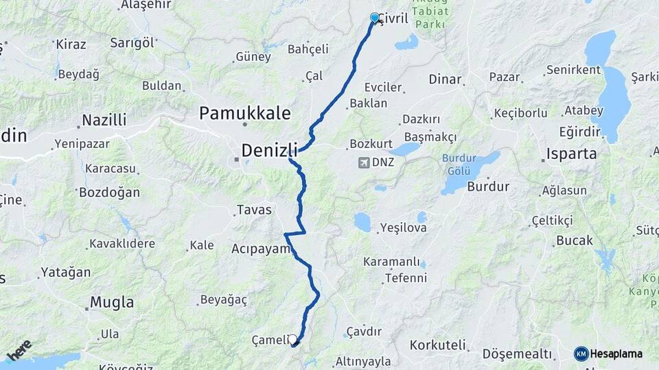 Denizli Çivril Çameli Arası Kaç Km - Yol Haritası