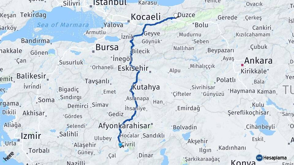 Denizli Çivril Düzce Arası Kaç Km - Yol Haritası