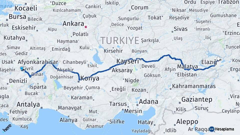 Denizli Çivril Elazığ Arası Kaç Km - Yol Haritası
