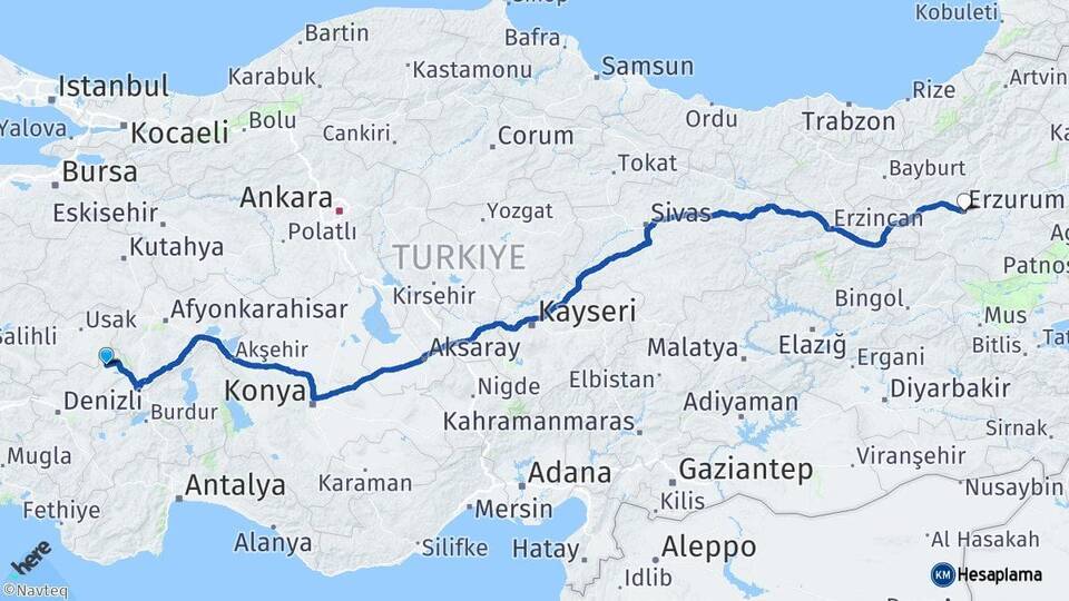 Denizli Çivril Erzurum Arası Kaç Km - Yol Haritası