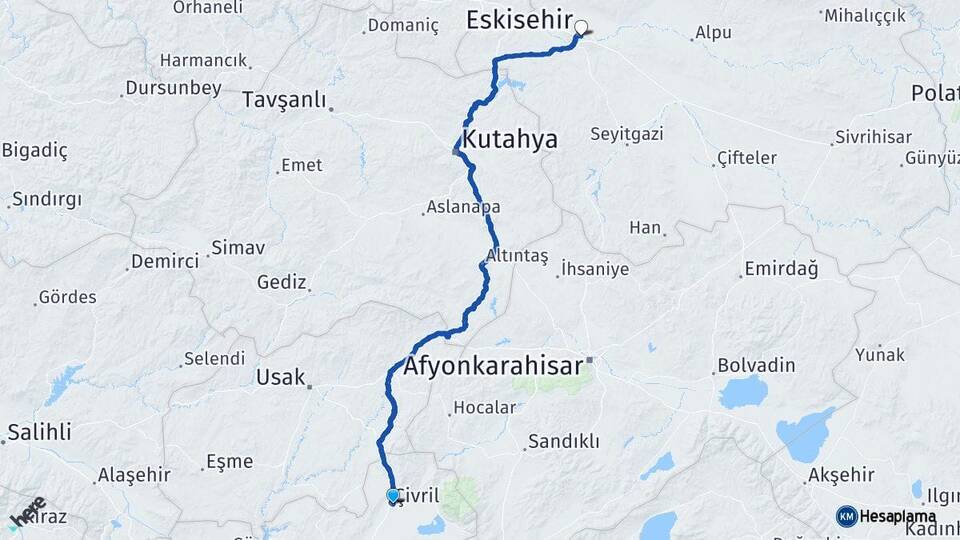 Denizli Çivril Eskişehir Arası Kaç Km - Yol Haritası